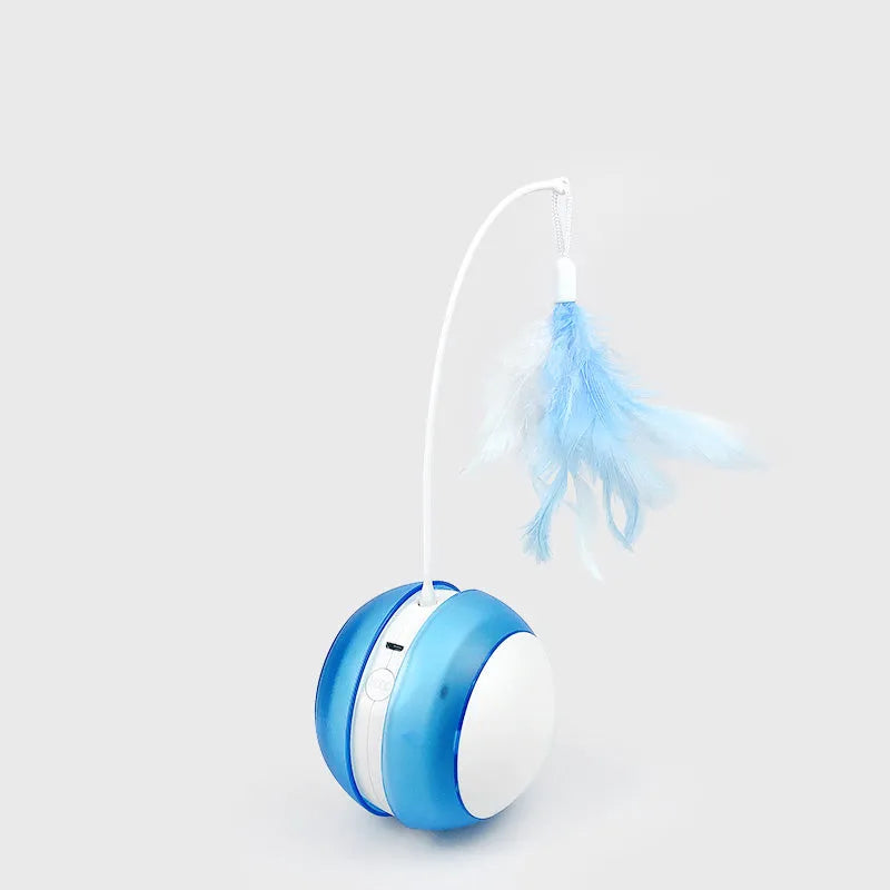 USB rechargeable cat toy ball with red light mode, available in blue green and pink colours