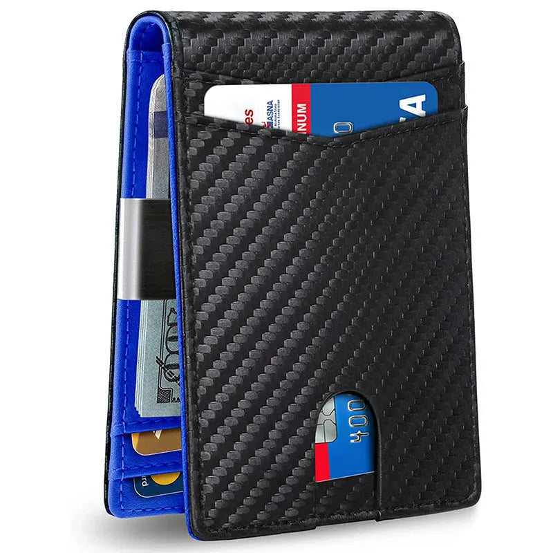 PU leather anti-theft card holder with multiple card slots shown in carbon fibre black colour