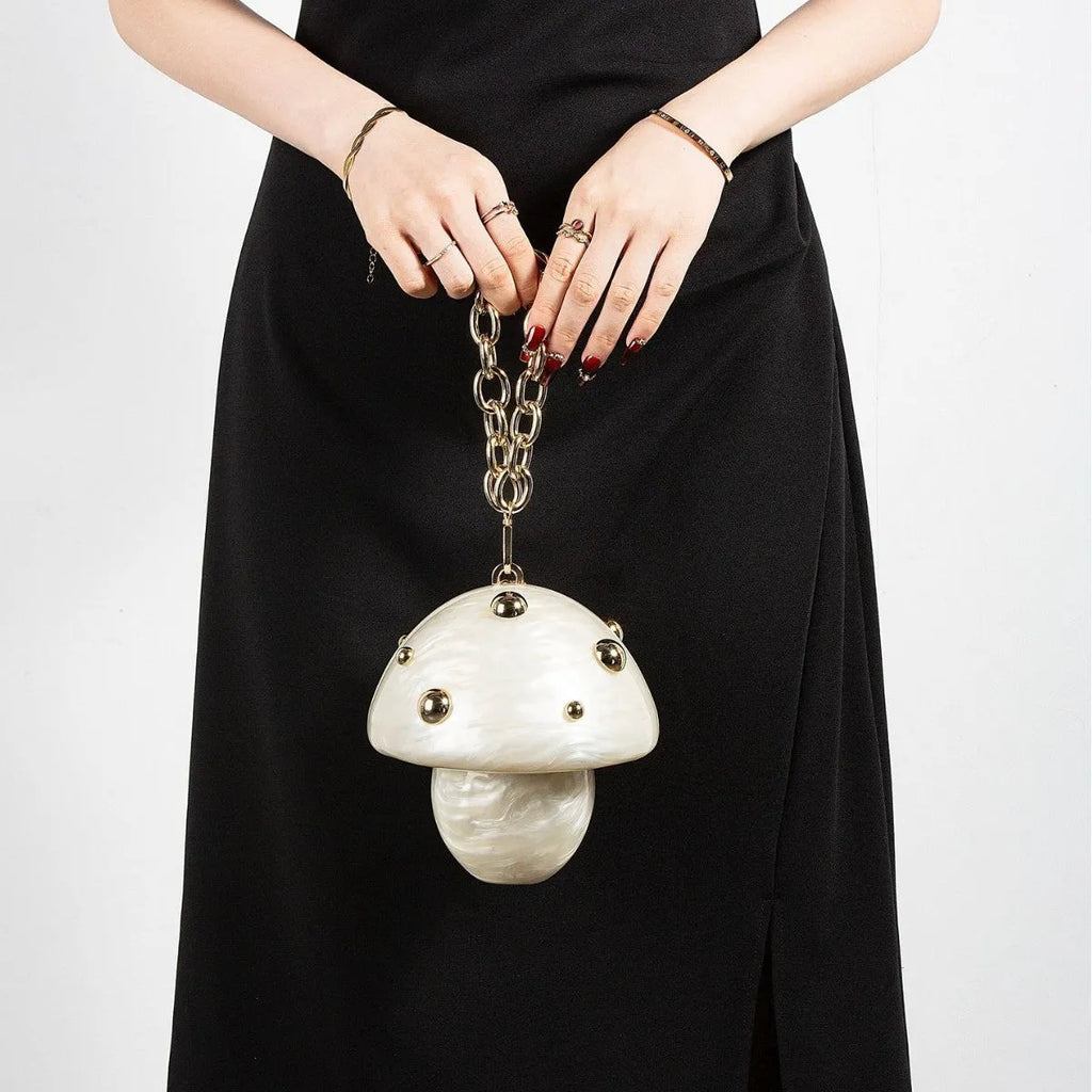 Portable oval mushroom acrylic handbag in milky white with open pocket and cotton lining