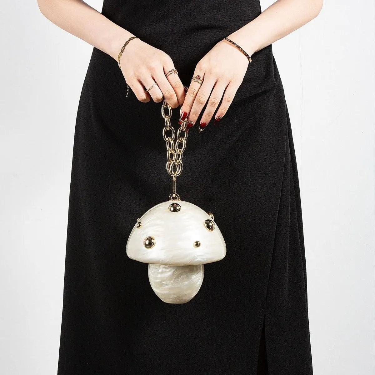 Portable oval mushroom acrylic handbag in milky white with open pocket and cotton lining