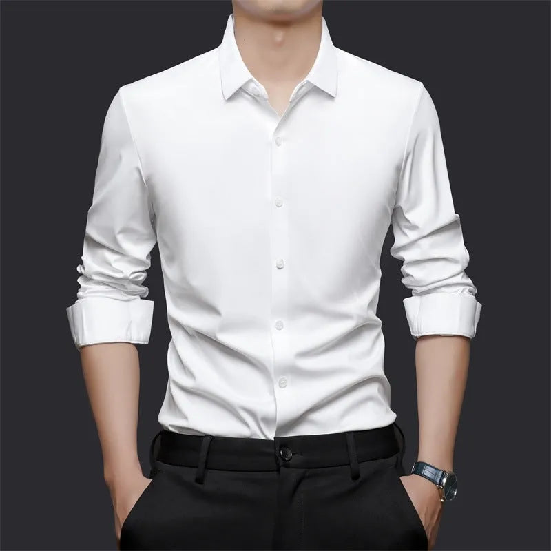 Seamless high elastic long sleeve anti-wrinkle shirt in white with spandex stretch fabric cardigan style