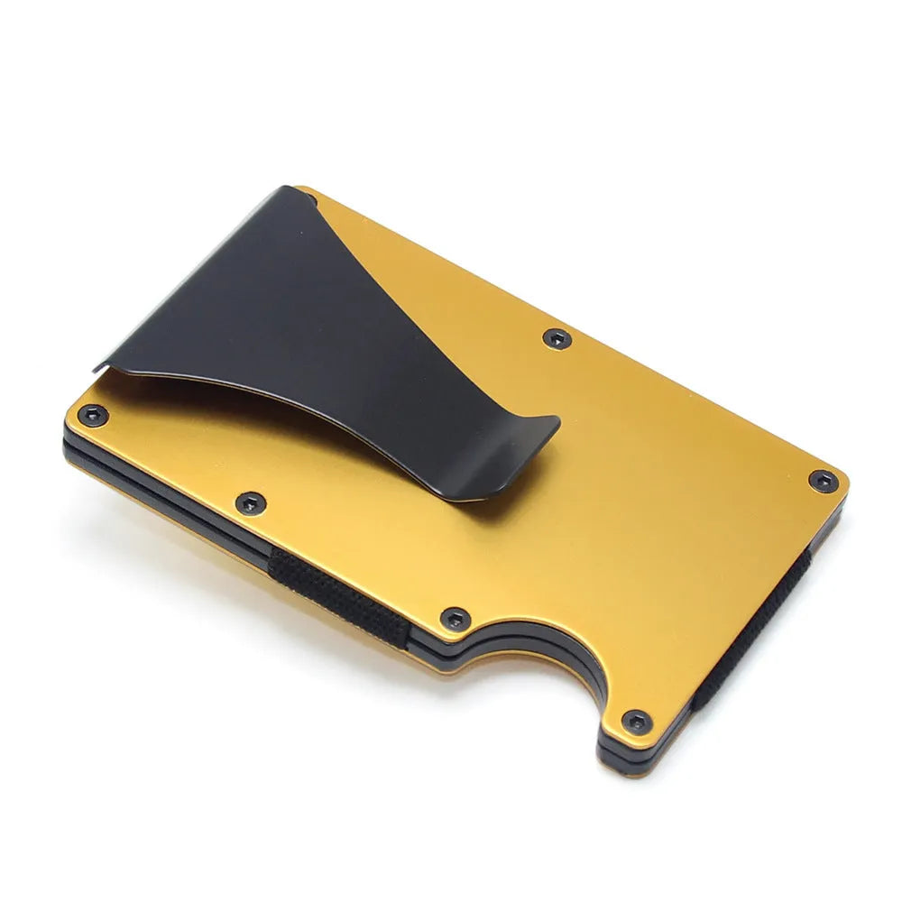 Geometric card holder in carbon fibre and aluminium, showing slim 8mm profile and capacity for multiple cards.