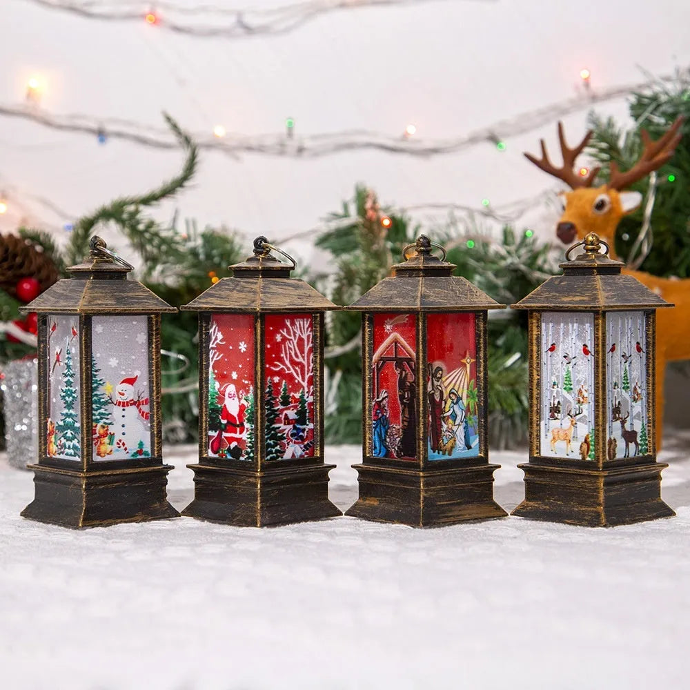 Small plastic Christmas portable oil lamp with Santa Claus figure, battery powered LED night light, hanging lantern design
