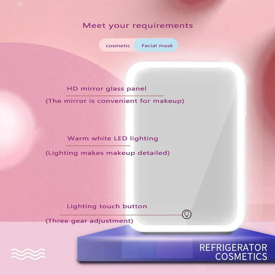 Mini makeup fridge in white with 22℃ to 65℃ cooler and warmer function, 12V and 220V power, removable shelf and 48W rating