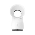 White desktop bladeless fan with USB humidification, 3 speed settings, and LED light on a desk