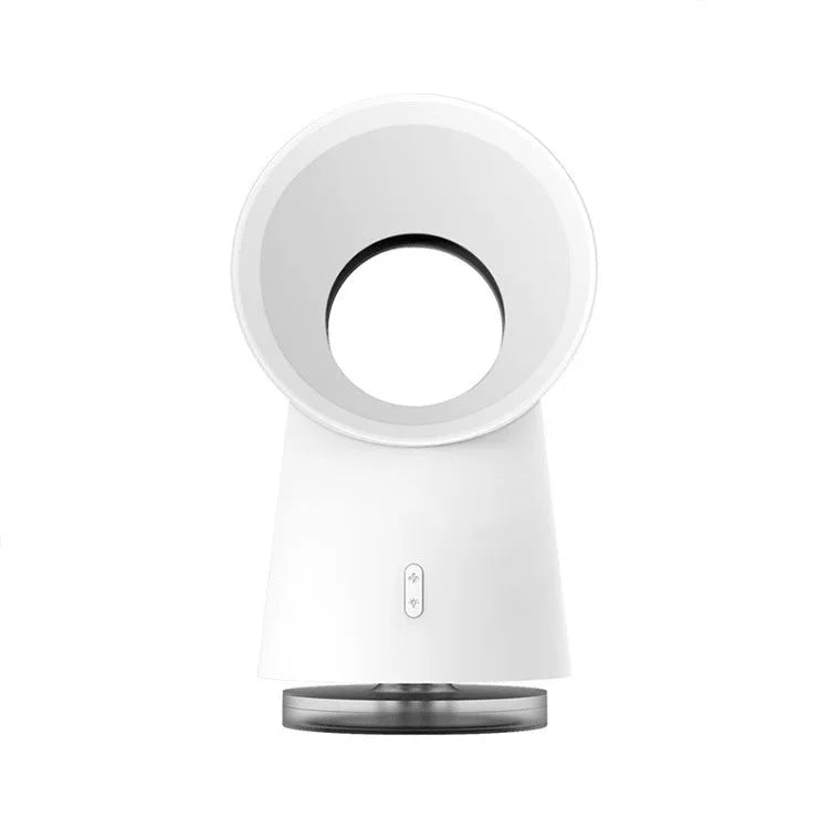White desktop bladeless fan with USB humidification, 3 speed settings, and LED light on a desk