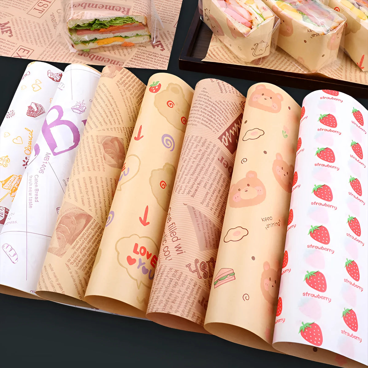 Microwaveable food grade anti-oil baking paper sheets, 28x38cm, in English, newspaper or retro kraft style, 50 or 100 pack