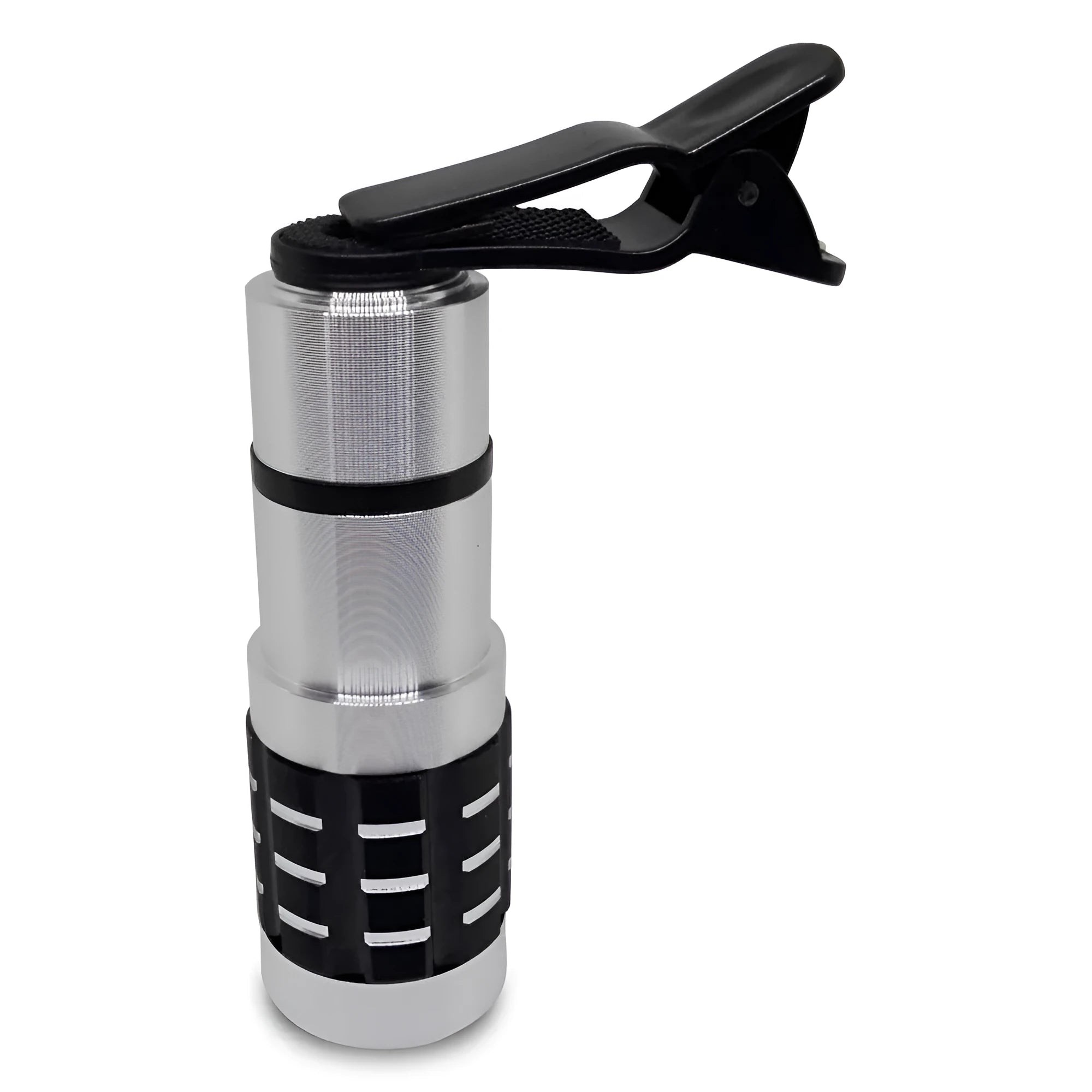 12x telescopic zoom lens with universal collar clip for smartphones on a mobile phone.