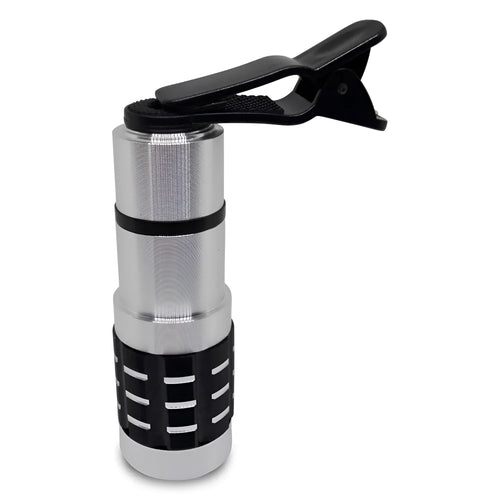 12x telescopic zoom lens with universal collar clip for smartphones on a mobile phone.