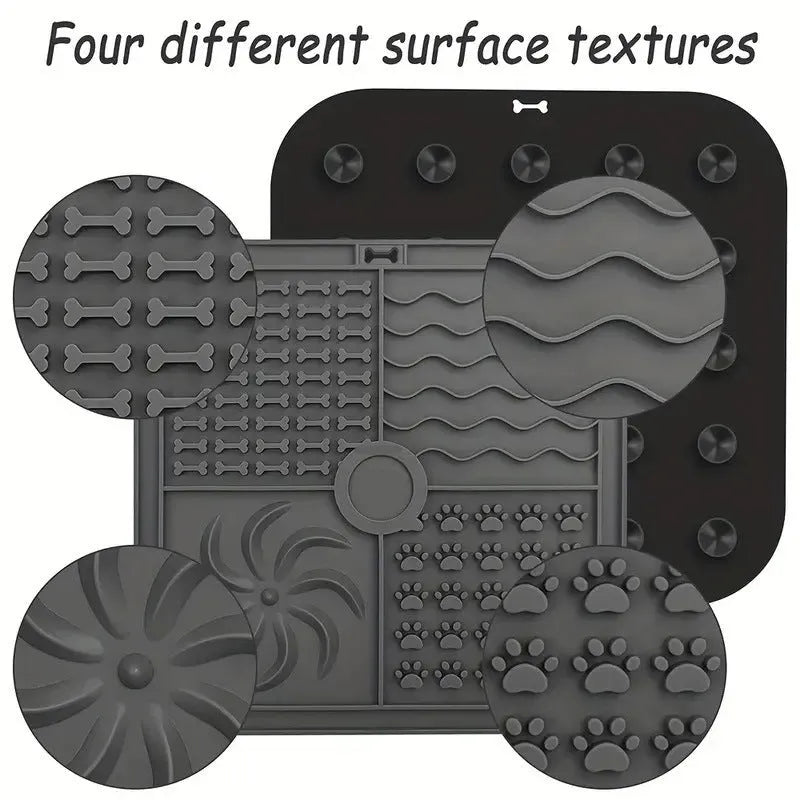 Bottom suction cup non-slip silicone pet slow food mat in gray, shown with a pet bowl on a tiled floor