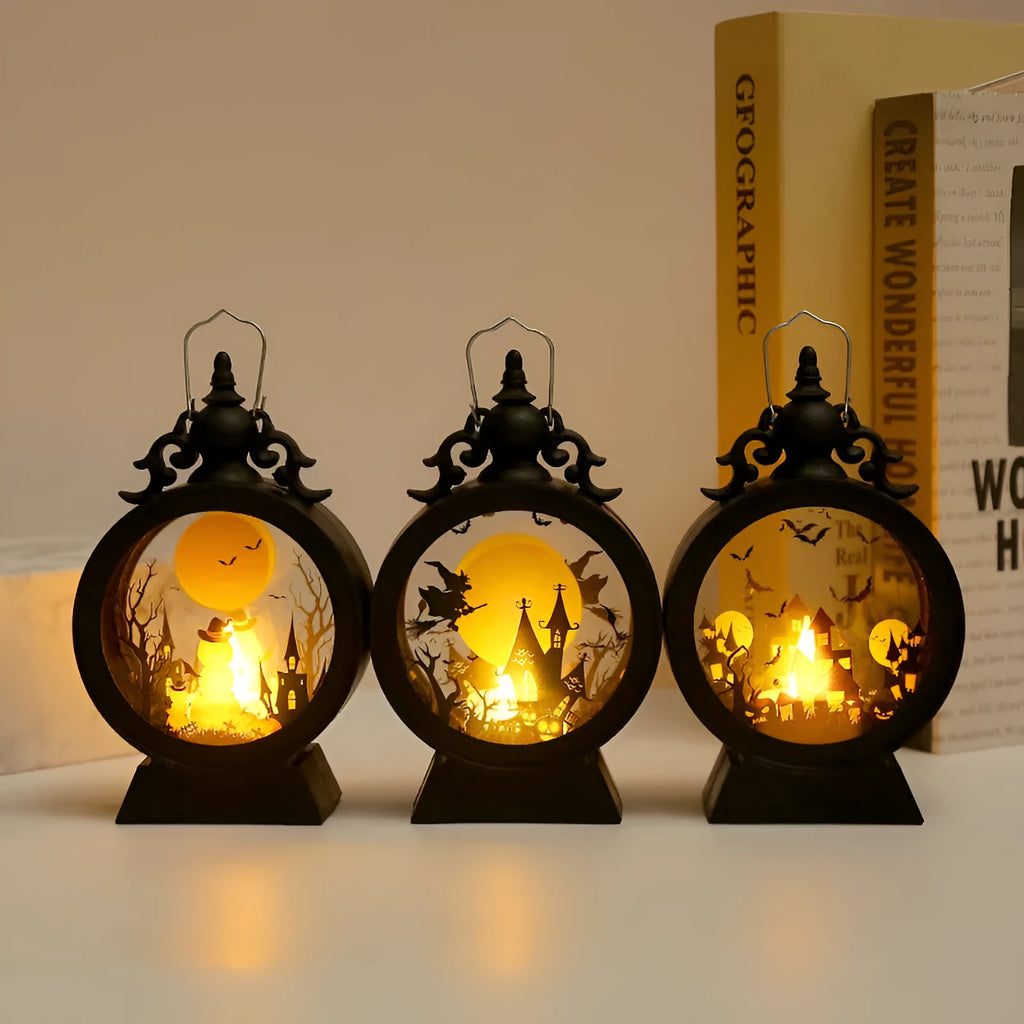 Halloween retro candle portable storm lantern with hook, LED light in pumpkin colour, 9.5x15cm size