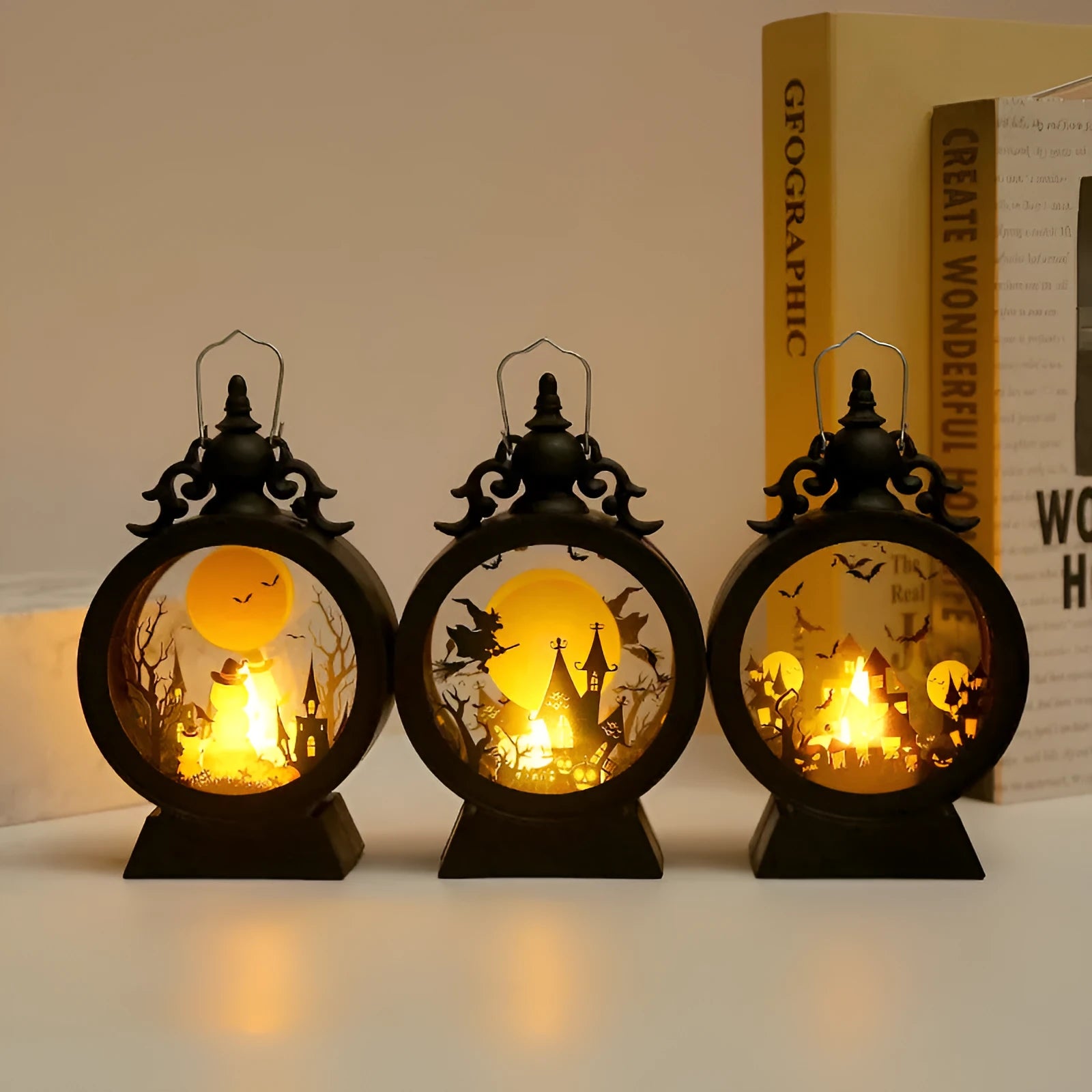 Halloween retro candle portable storm lantern with hook, LED light in pumpkin colour, 9.5x15cm size