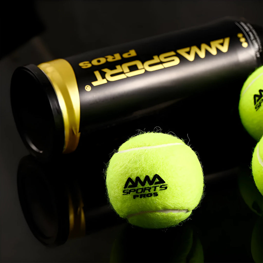 Three cage plate tennis training balls in black, green and yellow colours
