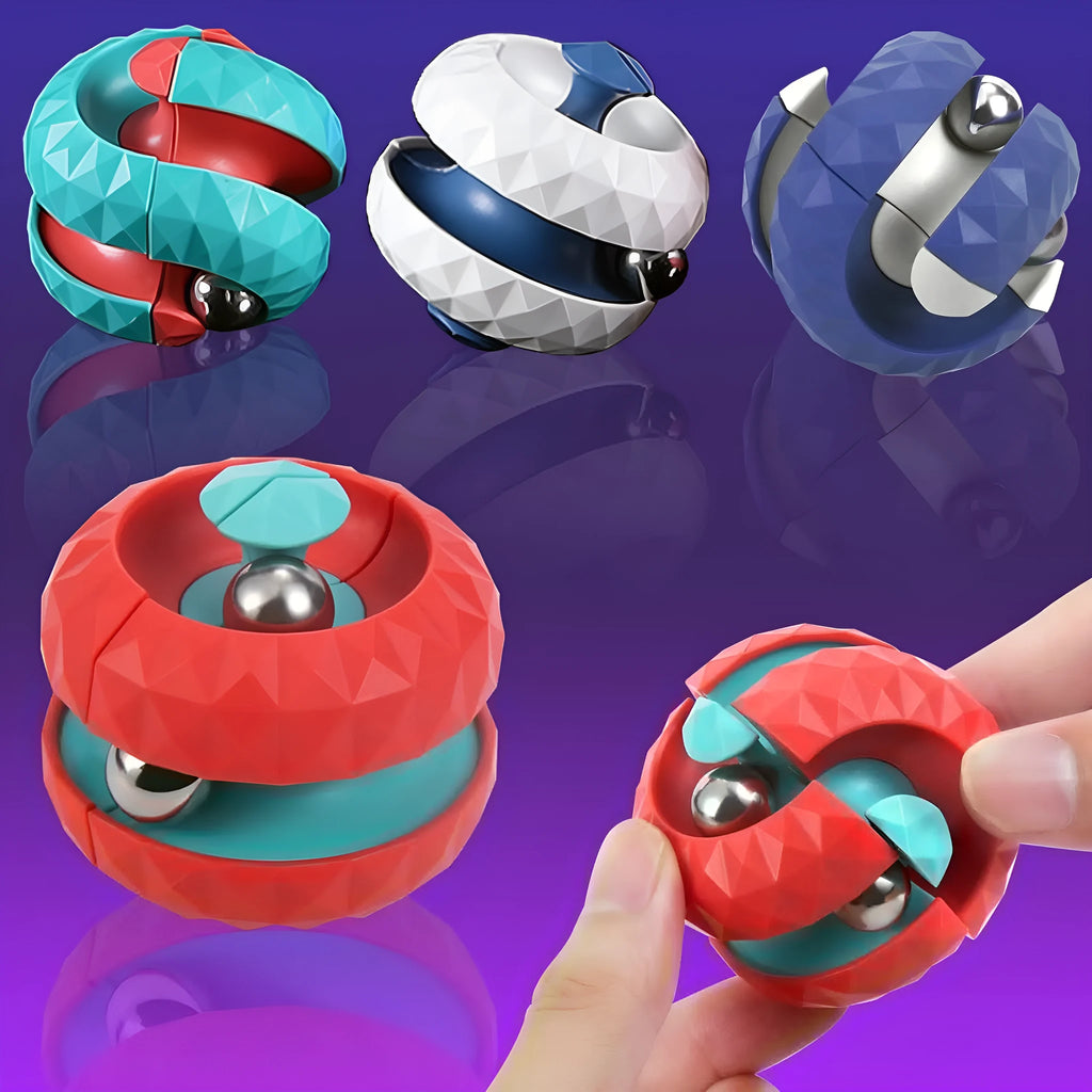Diamond pattern ball track gyro Rubik's cube fidget toy in blue, green, pink, and white on white background