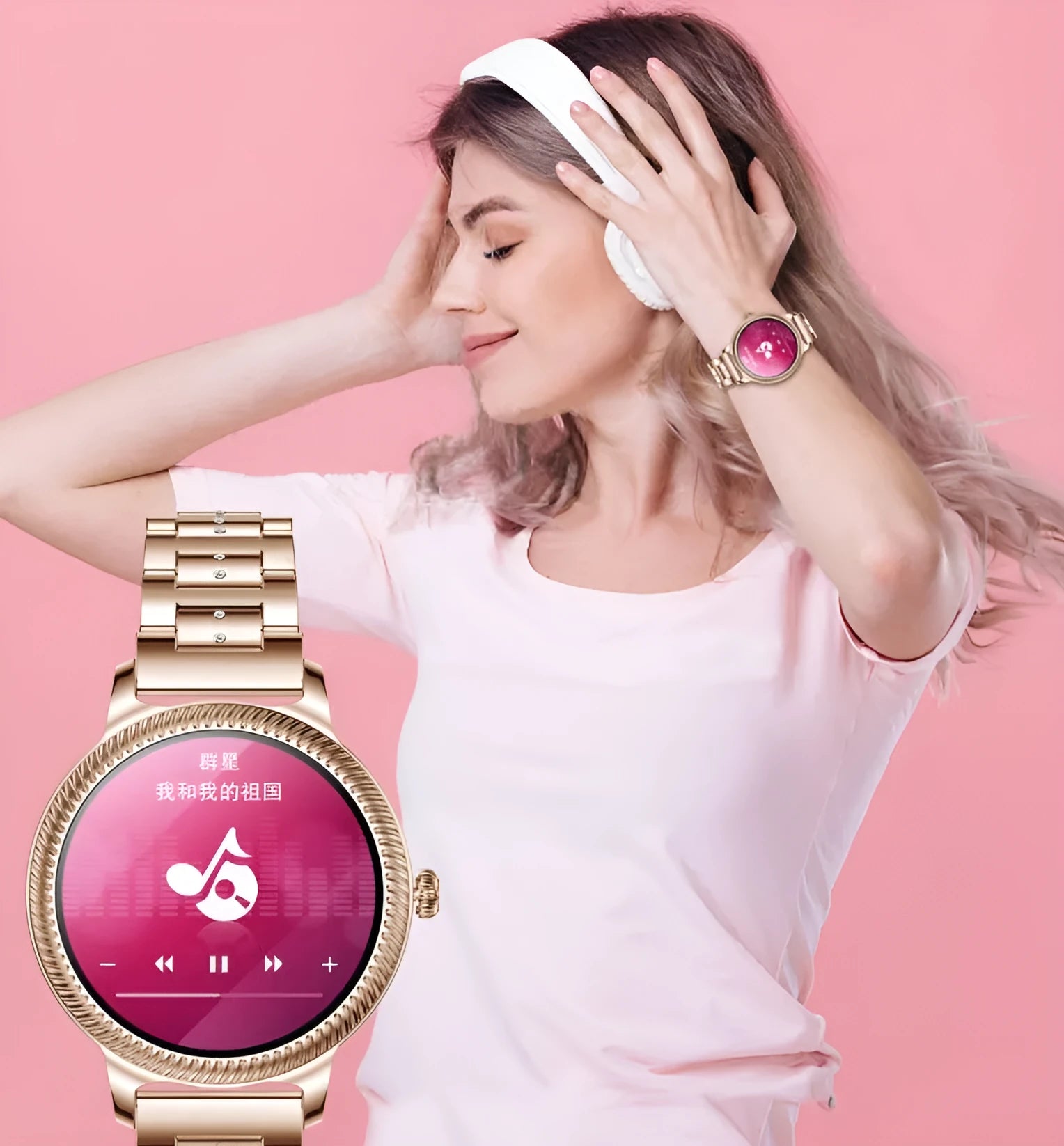 AK38 ladies smart watch with stainless steel Milanese bracelet and 1.09-inch colour screen displayed.