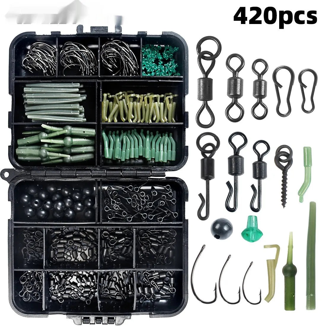 420-piece space beam carp fishing accessories set in 12cm x 9.5cm x 3cm box with swivels, pins, and hooks