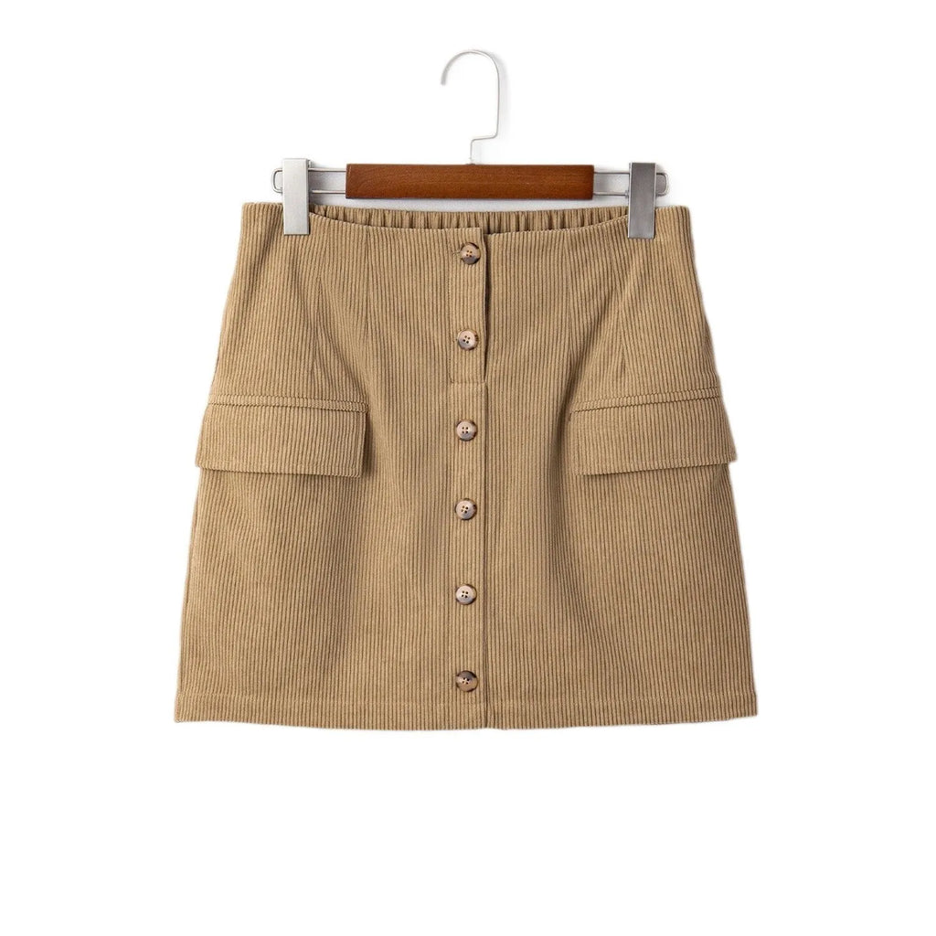 Women's corduroy hip skirt in coffee colour with button detail, short length, polyester fabric