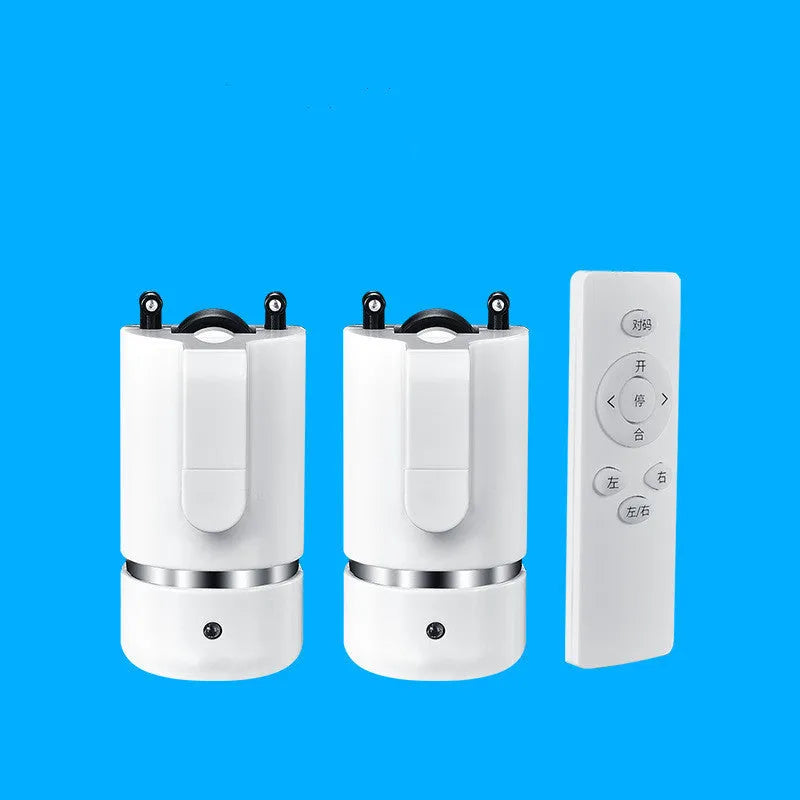 Electric curtain motor kit components including motor, remote control, aluminium track, and silent pulleys.