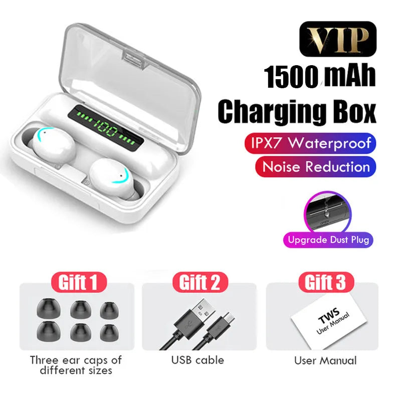 In-ear wireless Bluetooth headset in black, charging case with battery display for Apple, auto-pairing model
