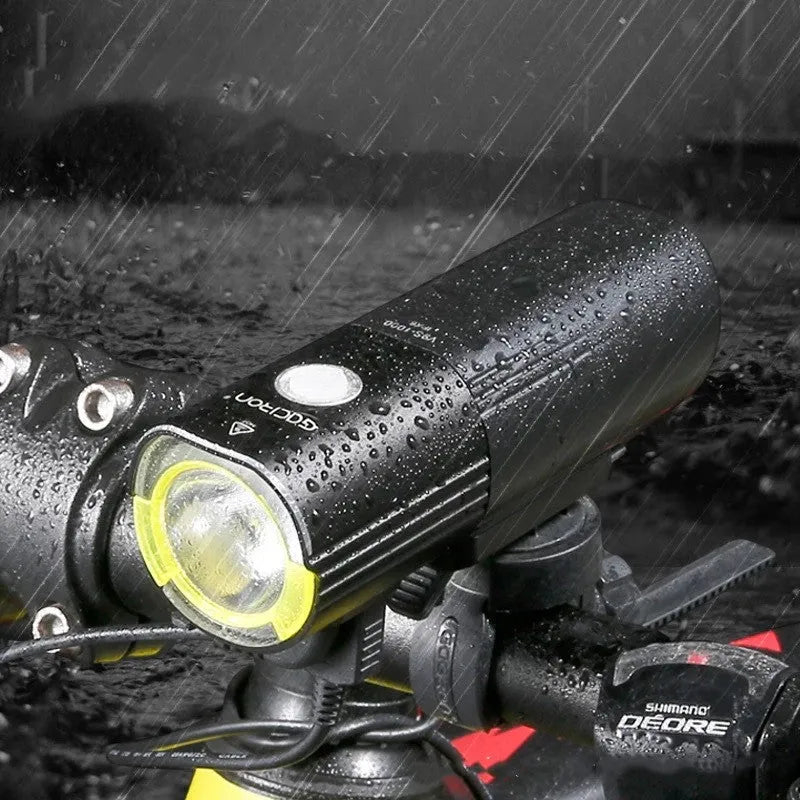 Waterproof bicycle headlight 1600 lumens with power bank, aluminium body, USB rechargeable, handlebar mount
