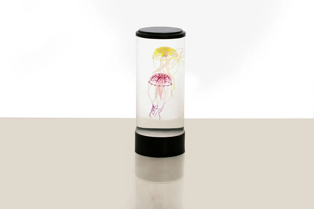 Large black plastic jellyfish lamp with USB charging and remote control, 39.9cm height on a table