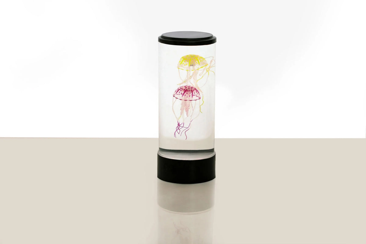 Large black plastic jellyfish lamp with USB charging and remote control, 39.9cm height on a table