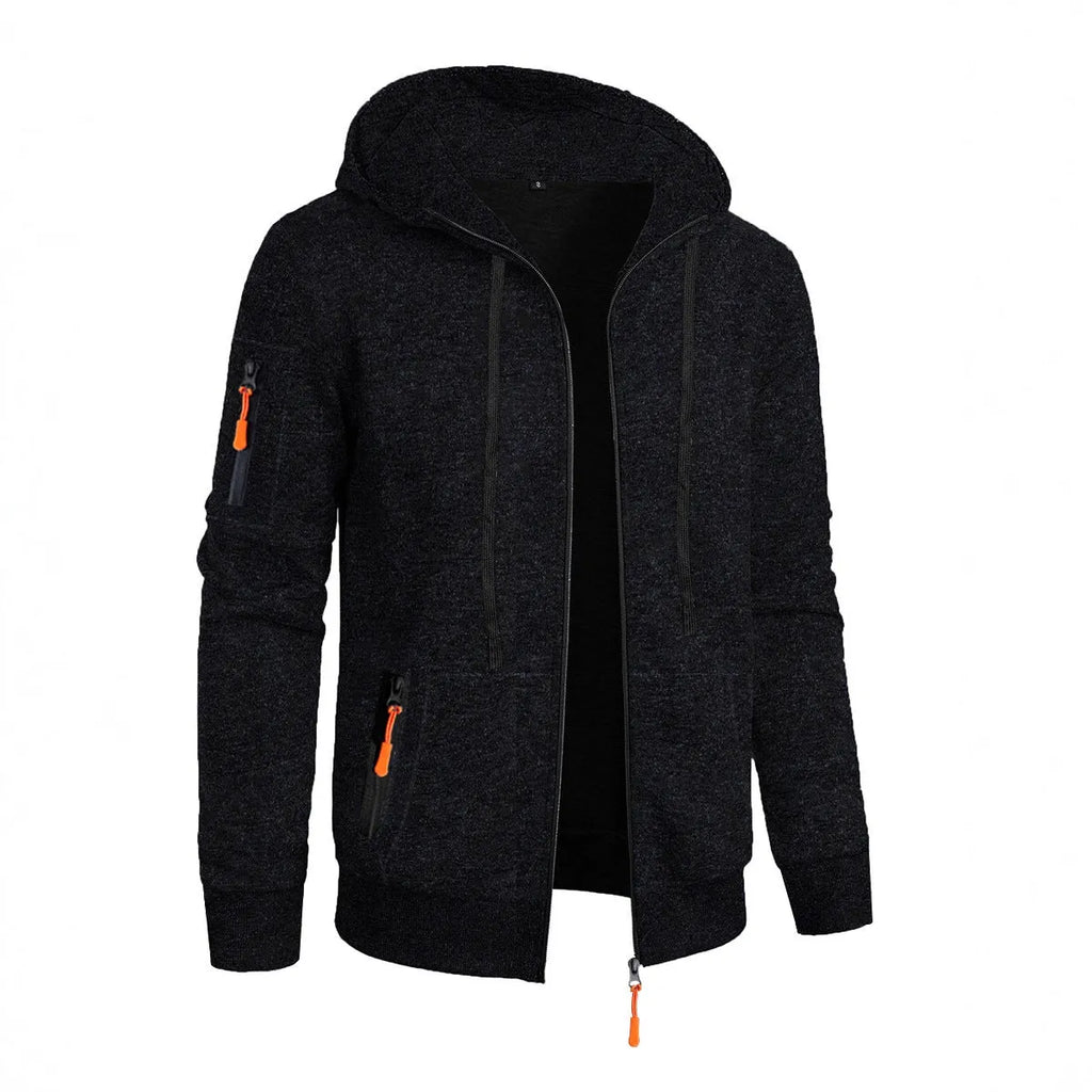 Men's loose fit polyester fibre hooded cardigan coat in solid colour jacquard knit, front view