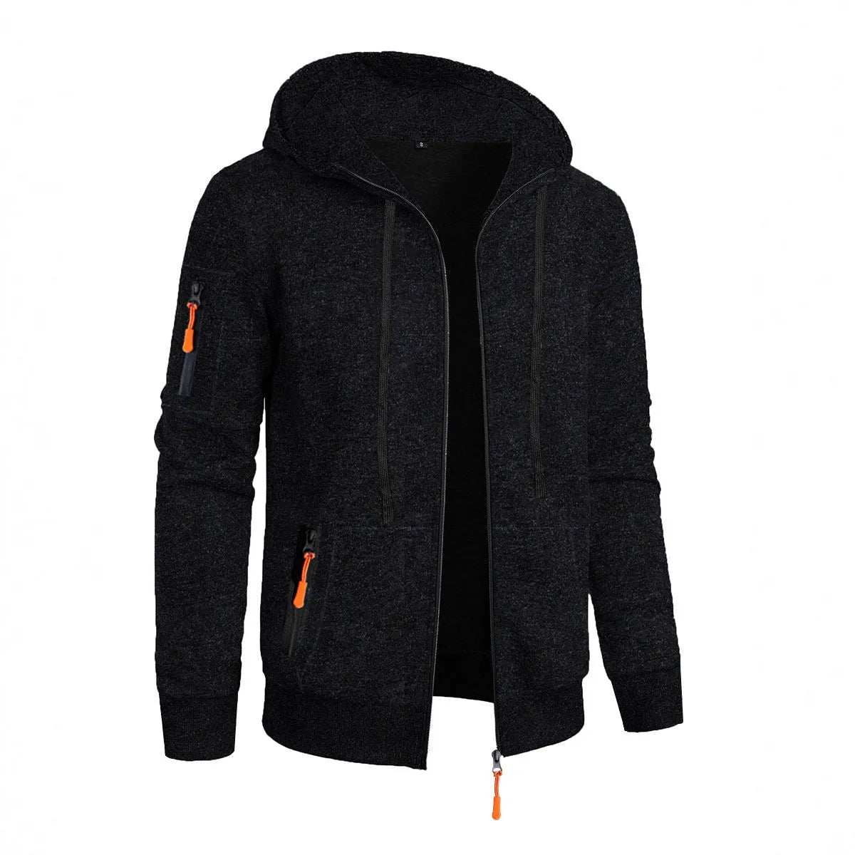 Men's loose fit polyester fibre hooded cardigan coat in solid colour jacquard knit, front view