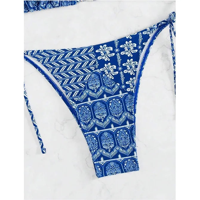 Women's bandage style split bikini swimsuit with stitching and printing details in multiple colour options