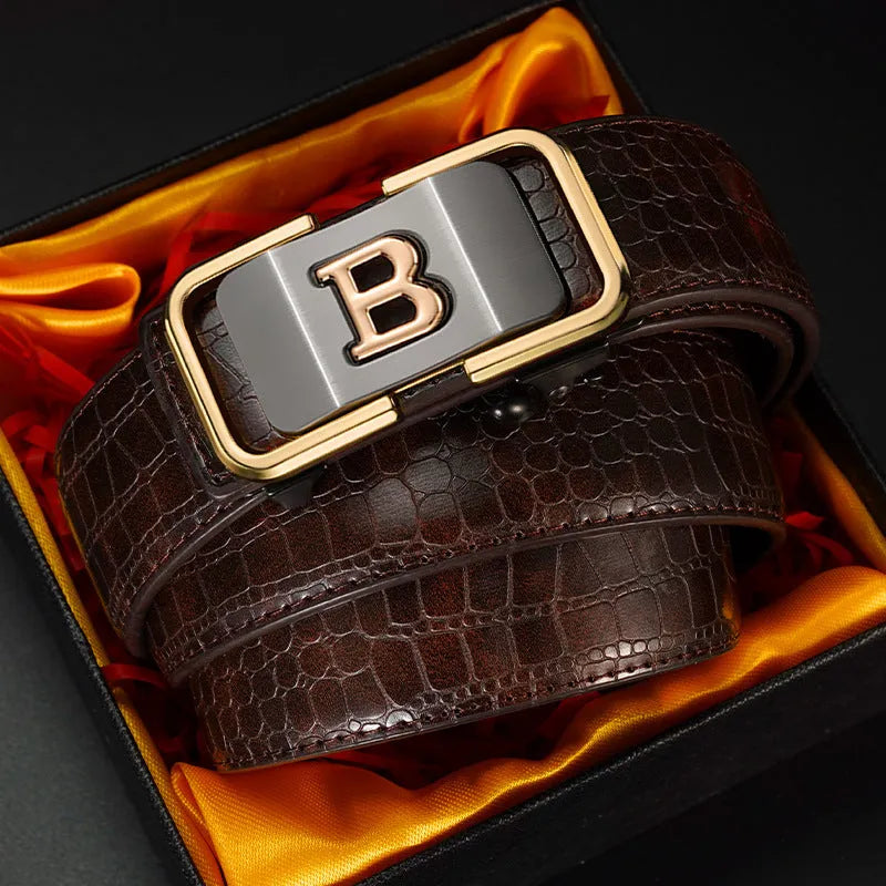 Automatic buckle genuine leather belt 3.3cm width in black with zinc alloy buckle head