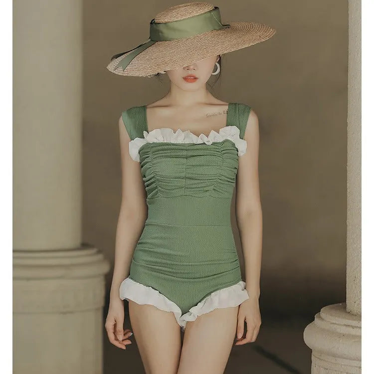 Korean style high waist one-piece swimsuit in quick-drying polyester fabric