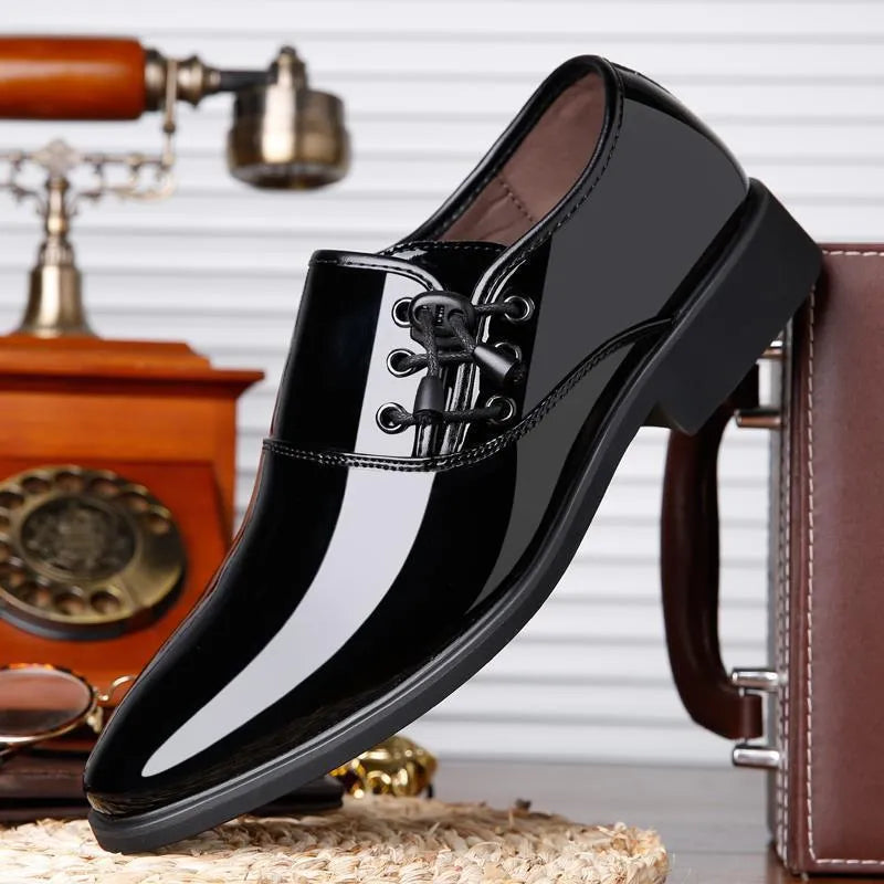 Men's black and brown formal business shoes with round toe, square heel, and slip-on design
