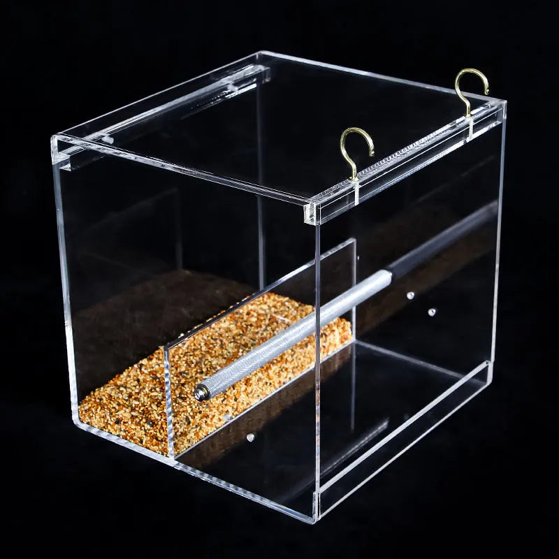 Clear acrylic parrot food box with non-toxic material, available in small, medium and large sizes