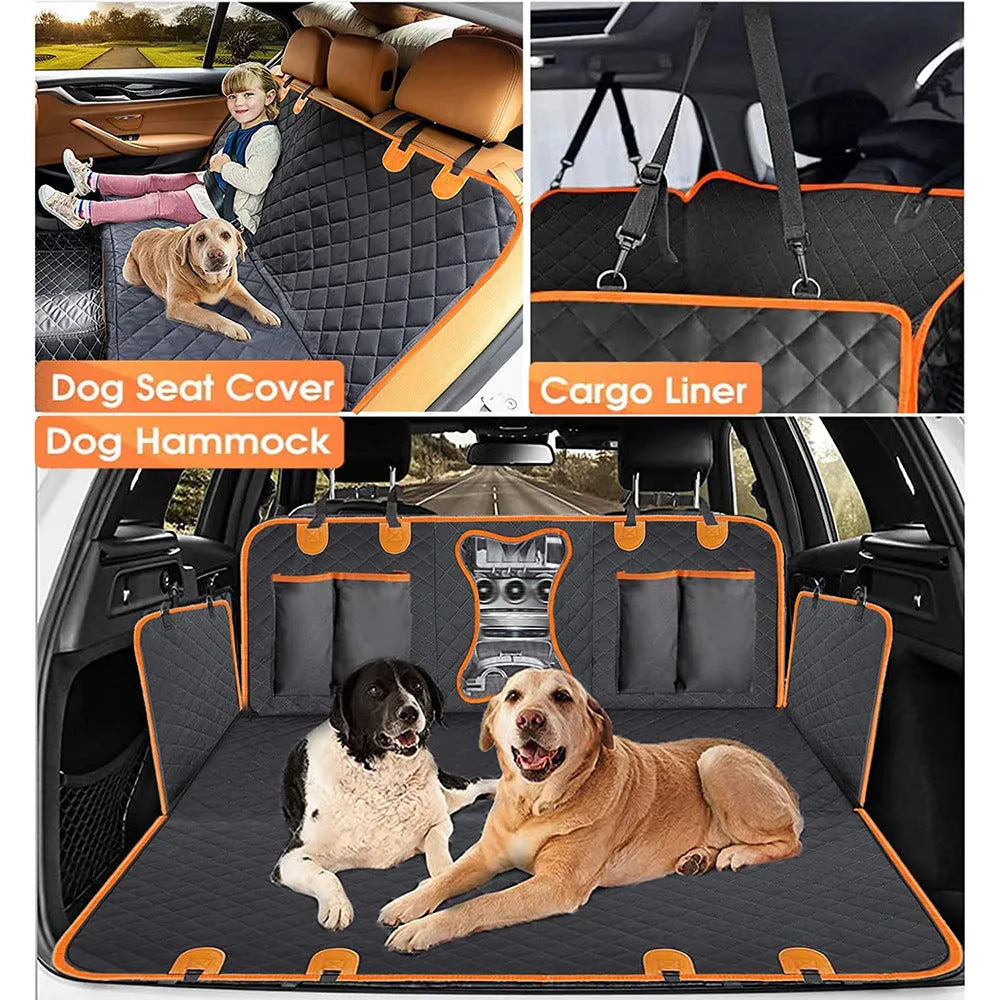Black waterproof pet mat for car rear seats with orange trim, shown laid flat on a seat