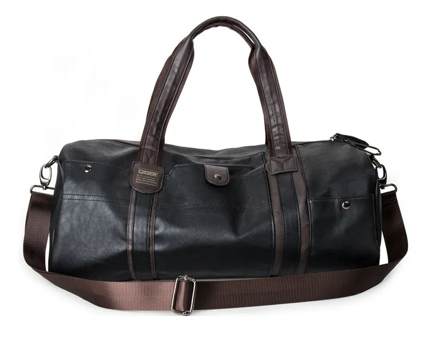 Portable cylinder leisure travel bag in PU leather, 21x49x22cm, 36-55L, with phone, camera and zip pockets