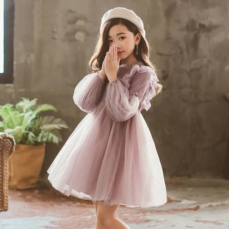 Girls long-sleeved princess dress in apricot with lace trim and petticoat, autumn style