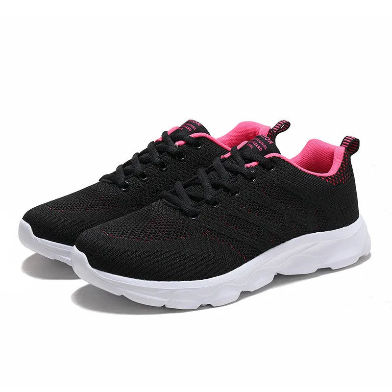 Women's mesh breathable running shoes with Flyknit upper, flat heel, lace-up closure, in white, black, and black-pink colourways