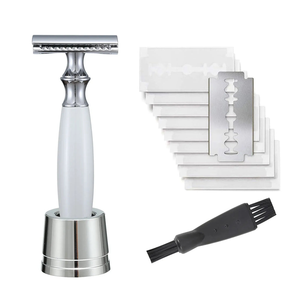 Men's copper manual shaving razor with olive wood handle and zinc alloy blades on razor holder