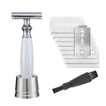 Men's copper manual shaving razor with olive wood handle and zinc alloy blades on razor holder