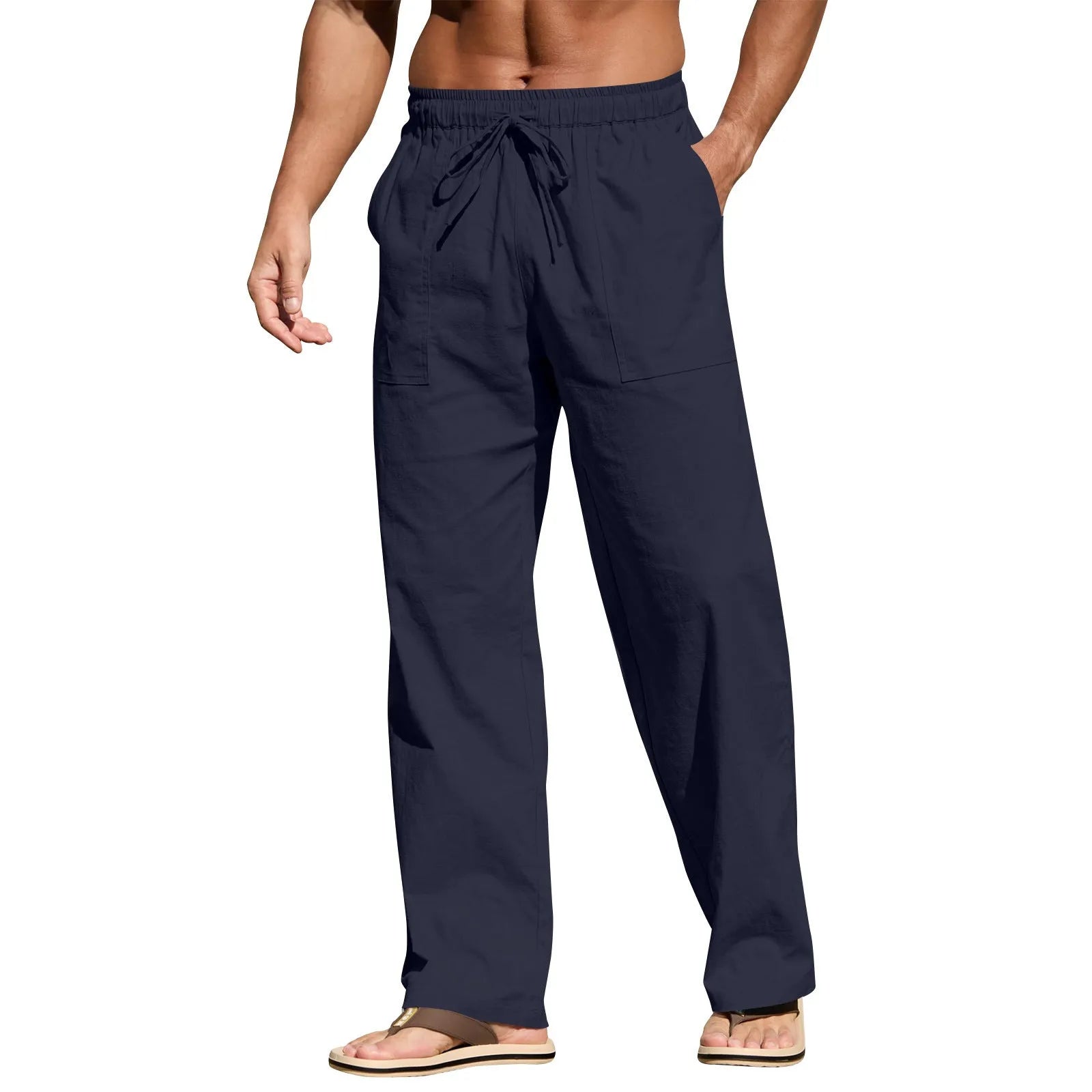 Men's cotton linen beach trousers with drawstring elastic waist straight cut casual pants