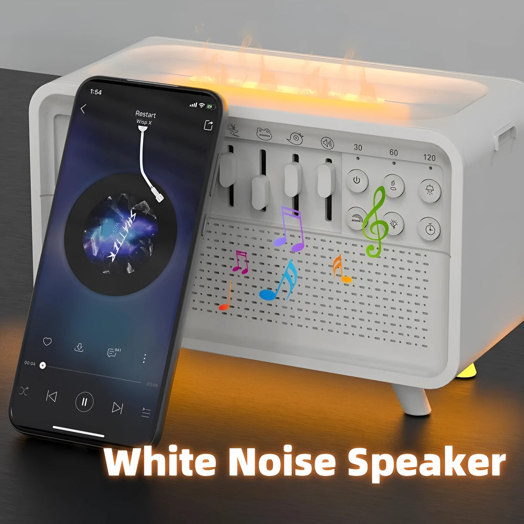 White geometric 3-in-1 sleep machine with humidifier, Bluetooth speaker and night light functions