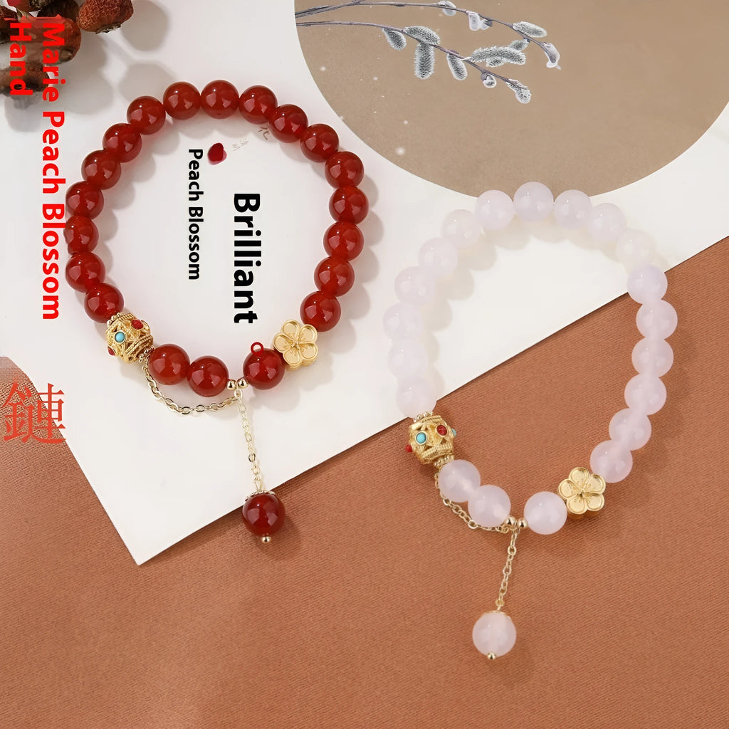 Natural agate bracelet with peach blossom copper parts showing 8mm bead size