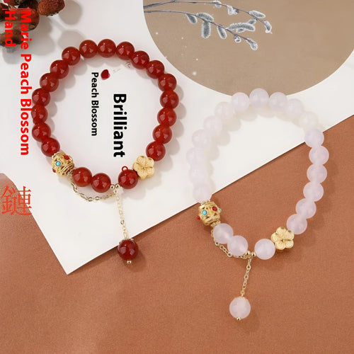 Natural agate bracelet with peach blossom copper parts showing 8mm bead size