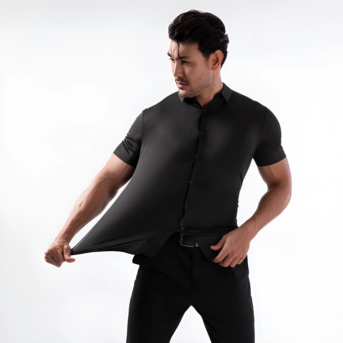 Men's short sleeve shirt in navy blue, four-side elastic non-iron fabric, cardigan style with collar and buttons