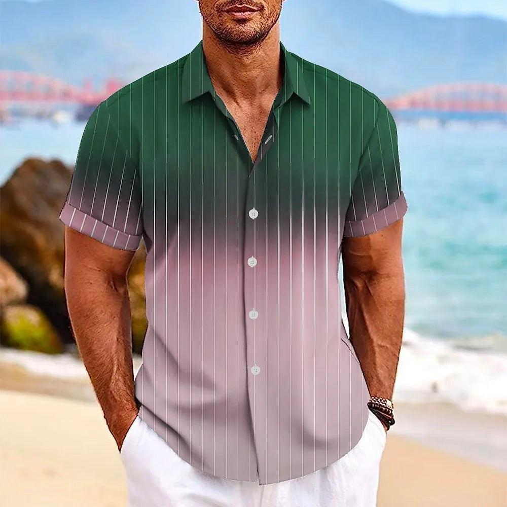 Men's short-sleeved gradient striped print beach shirt with lapel buttons