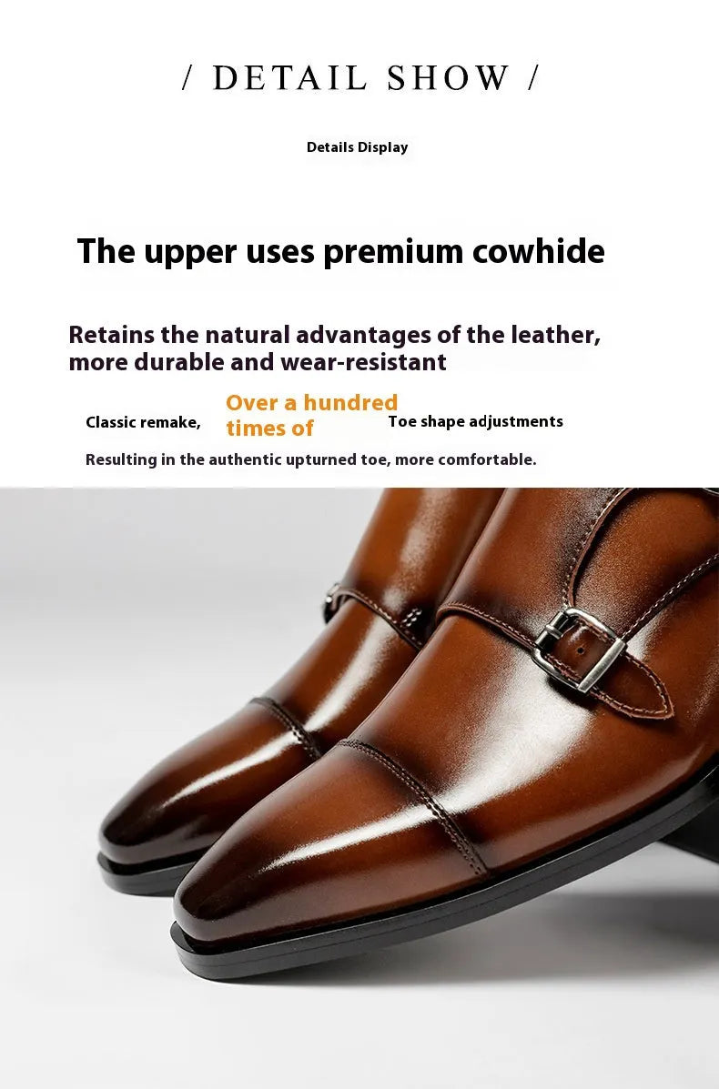 Men's black and light brown square toe leather business shoes with rubber soles