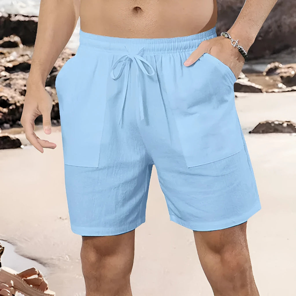 Men's straight leg linen shorts in light blue, black, white, khaki or light grey
