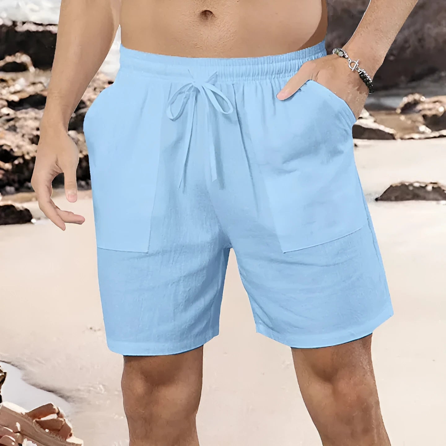 Men's straight leg linen shorts in light blue, black, white, khaki or light grey