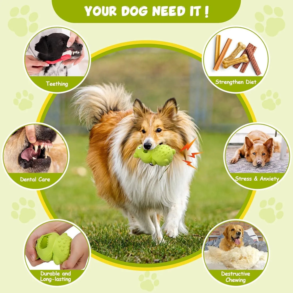 Green and yellow thick natural rubber squeaky dog toy for aggressive chewing breeds.
