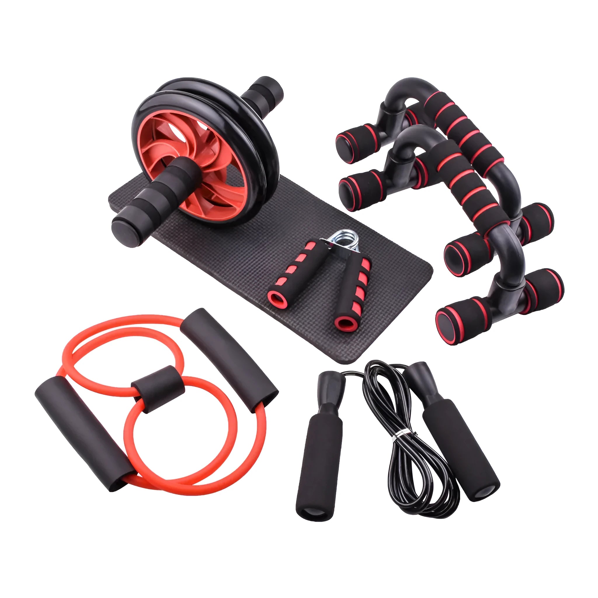 Indoor push-up bracket set with abdominal wheels in red, green, black, and blue colour options